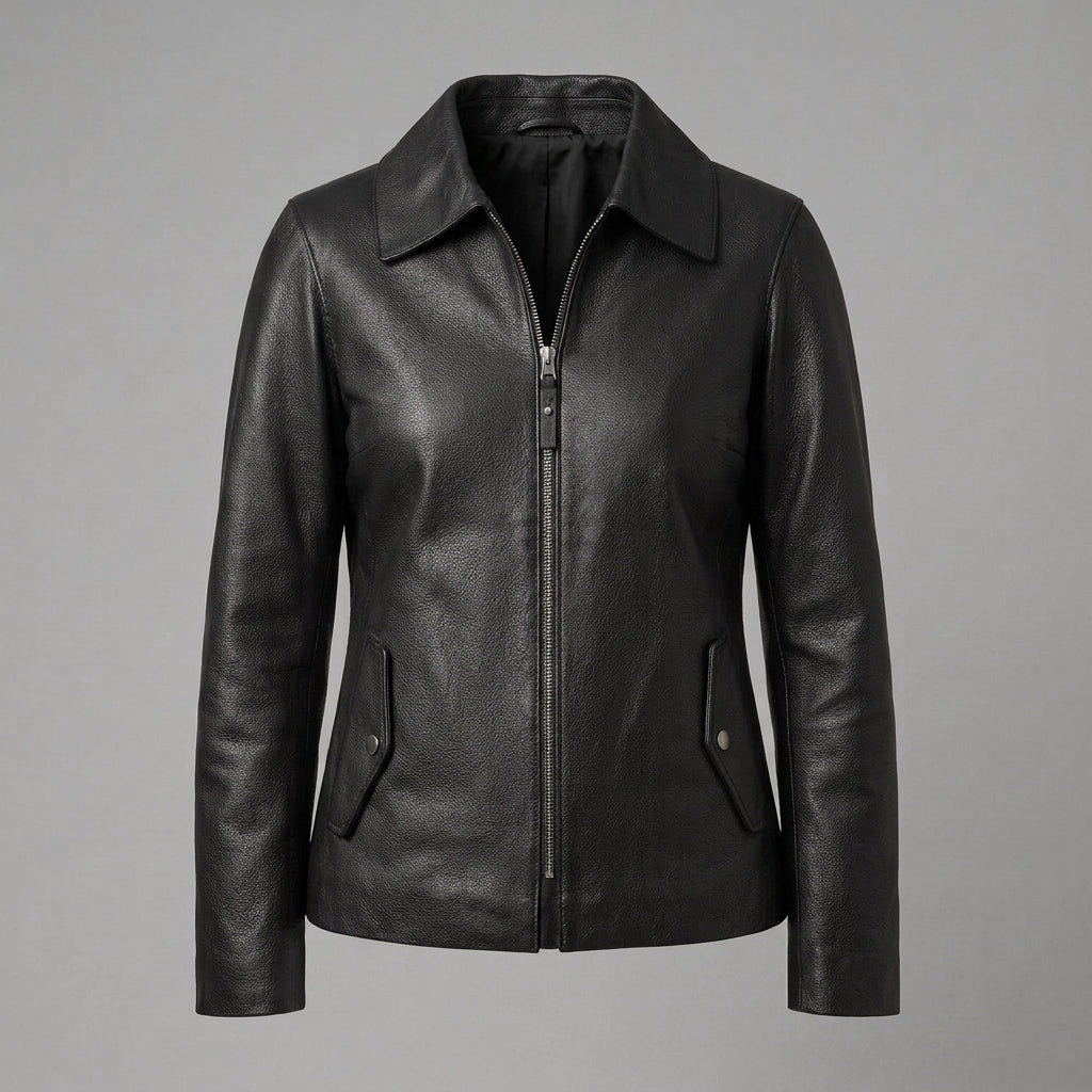 Women's Black Textured Leather Shirt-Collar Jacket
