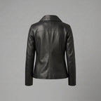 Women's Black Textured Leather Shirt-Collar Jacket