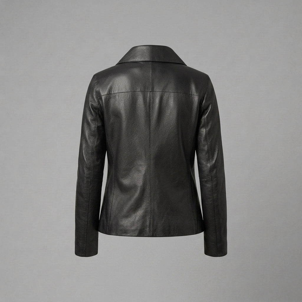 Women's Black Textured Leather Shirt-Collar Jacket