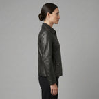 Women's Black Textured Leather Shirt-Collar Jacket