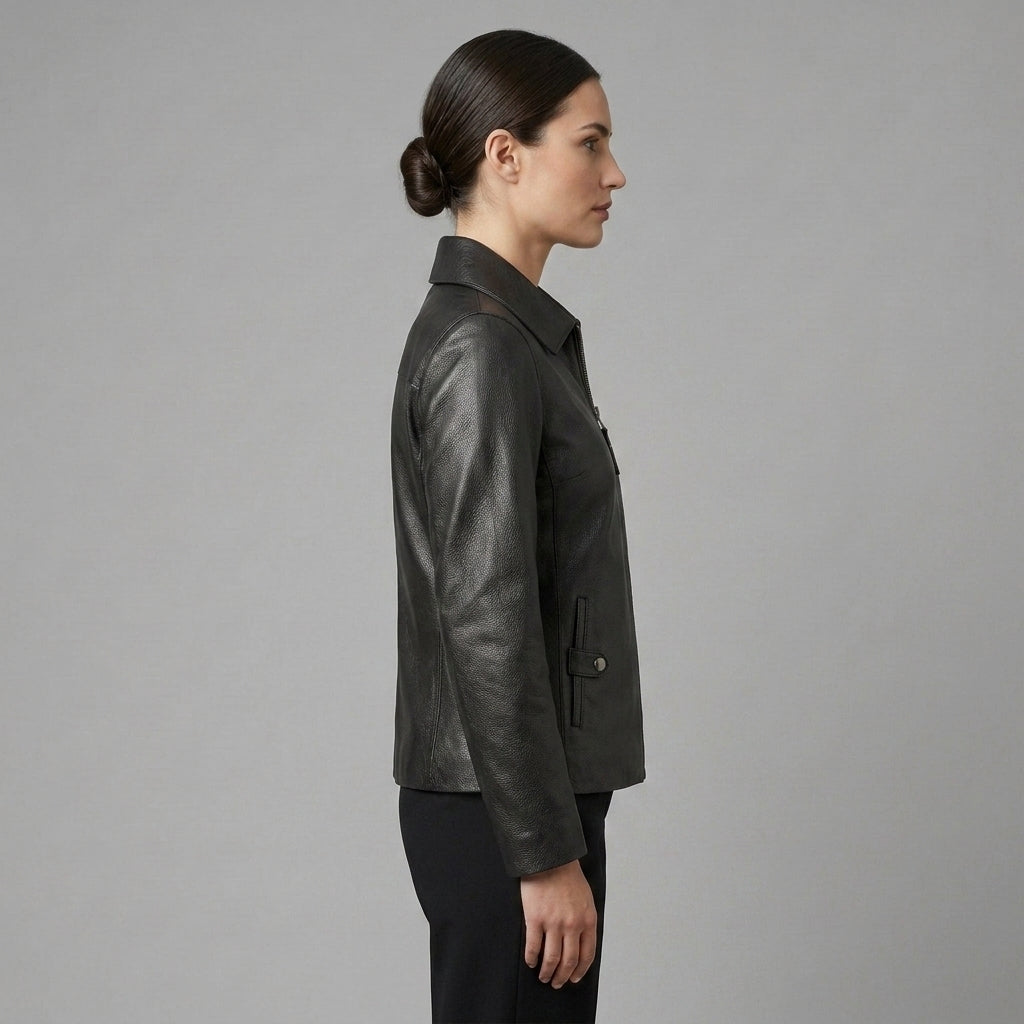Women's Black Textured Leather Shirt-Collar Jacket