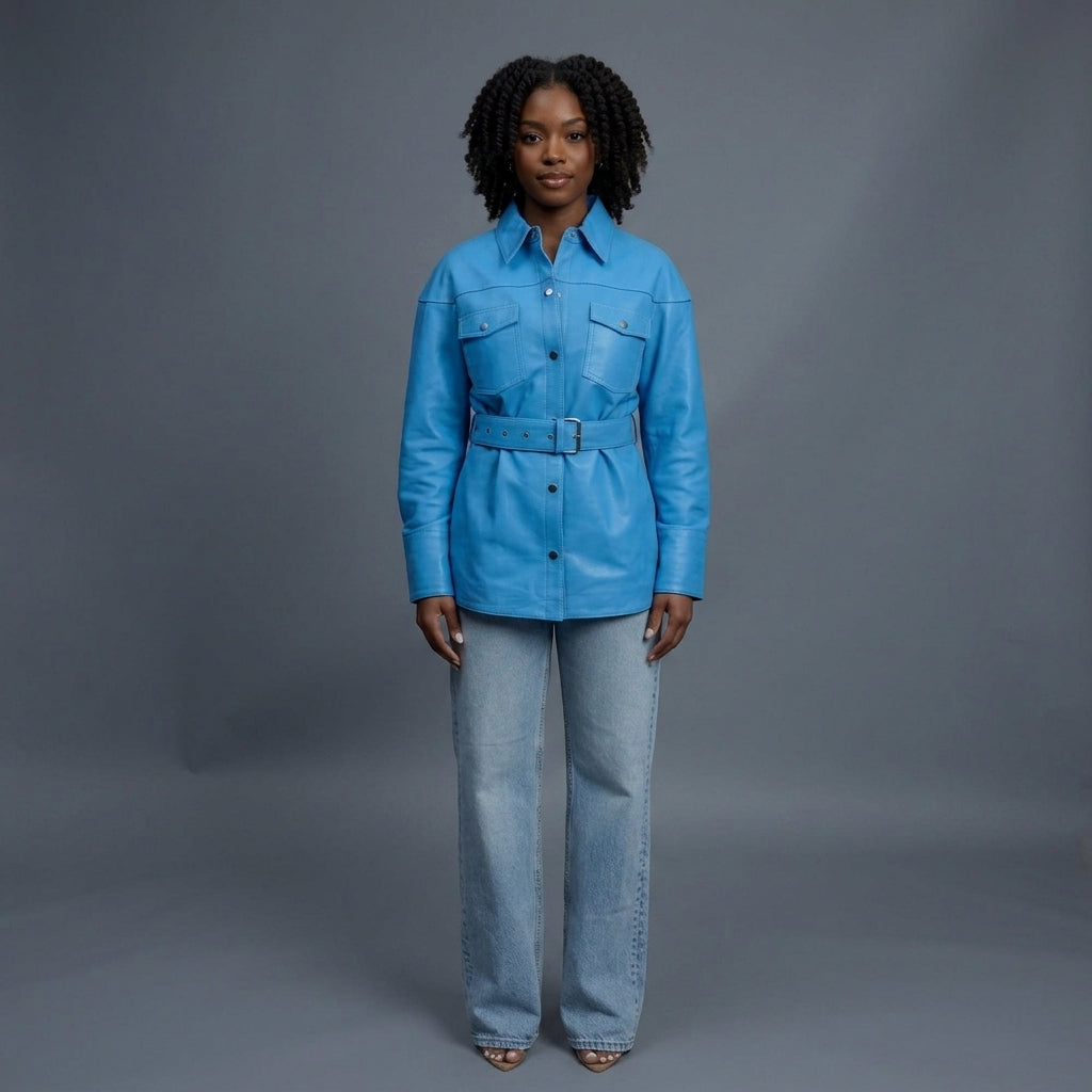 Women's Blue Leather Shirt Coat