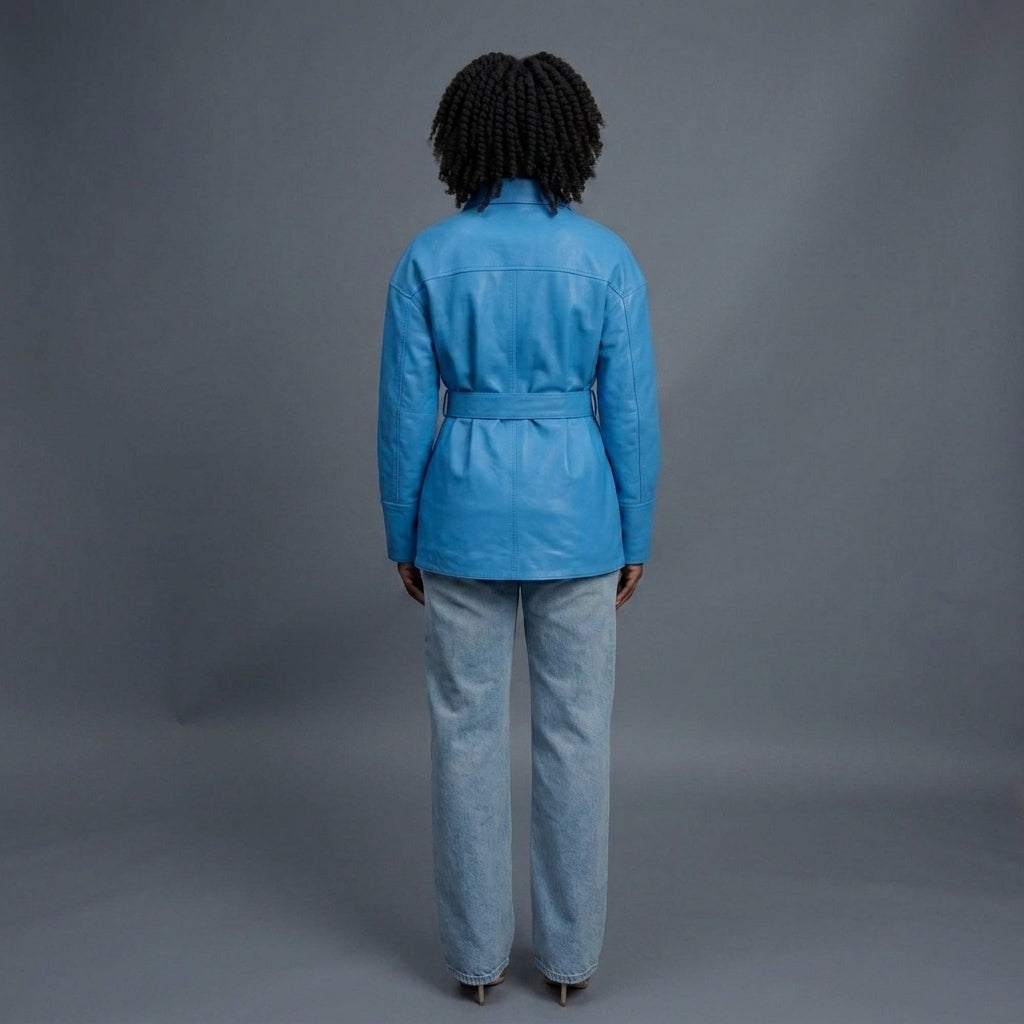 Women's Blue Leather Shirt Coat