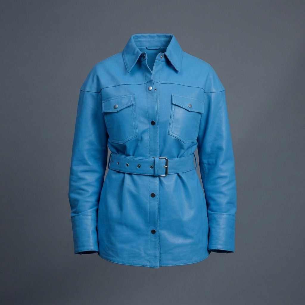 Women's Blue Leather Shirt Coat