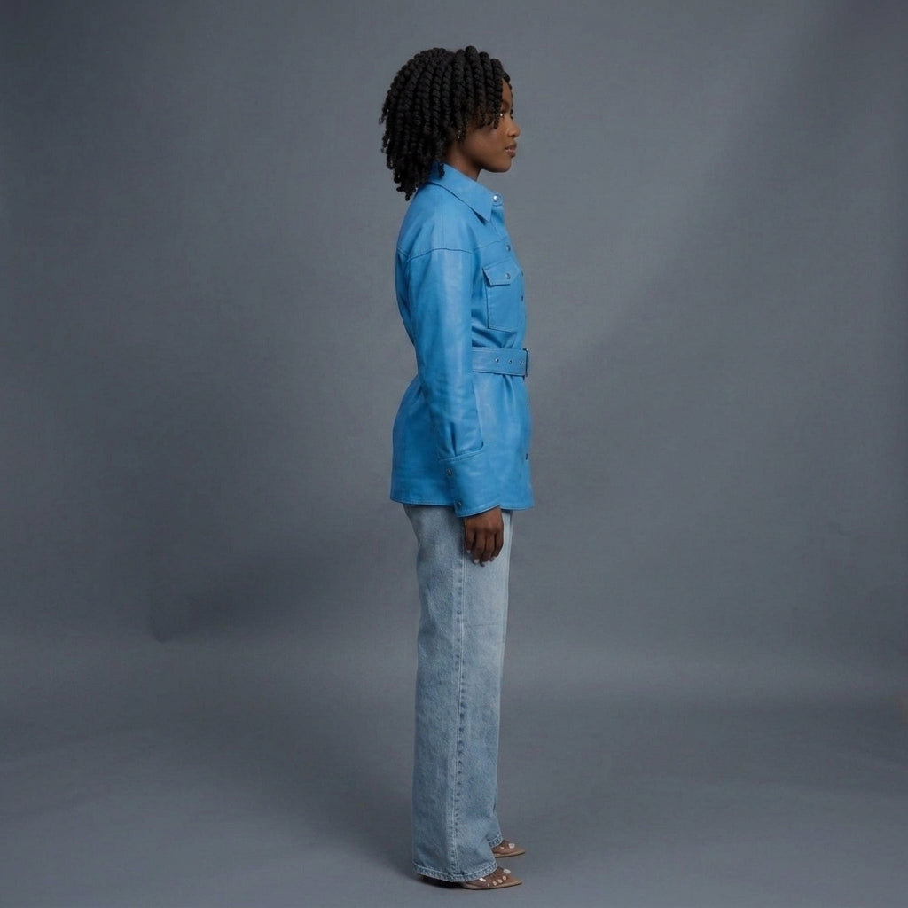 Women's Blue Leather Shirt Coat