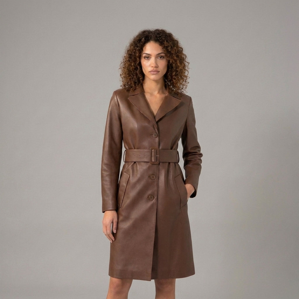 Women's Brown Leather Trench Coat