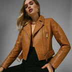 Women's Brown Belted Moto Leather Jacket