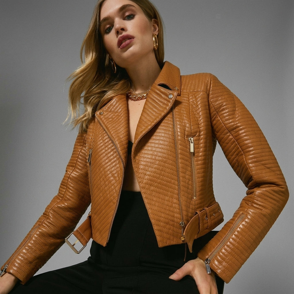 Women's Brown Belted Moto Leather Jacket