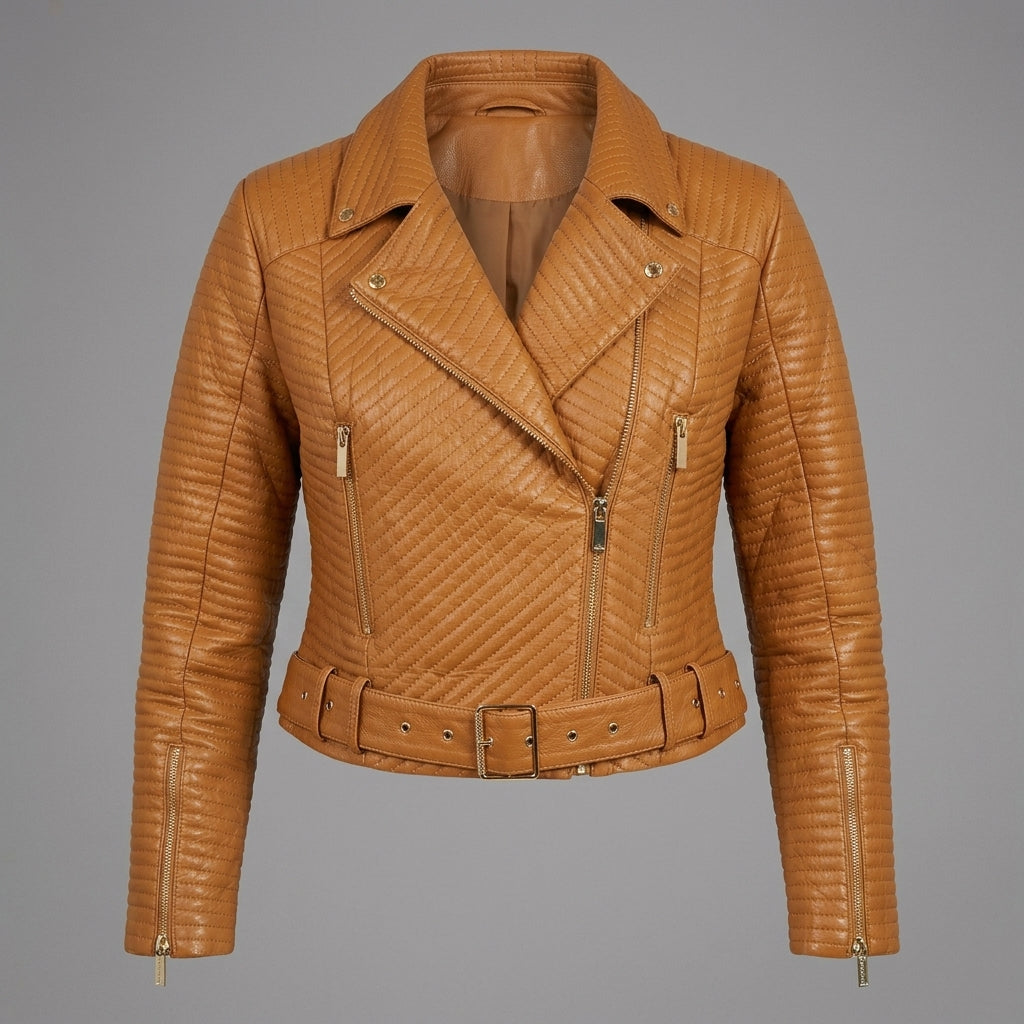 Women's Brown Belted Moto Leather Jacket