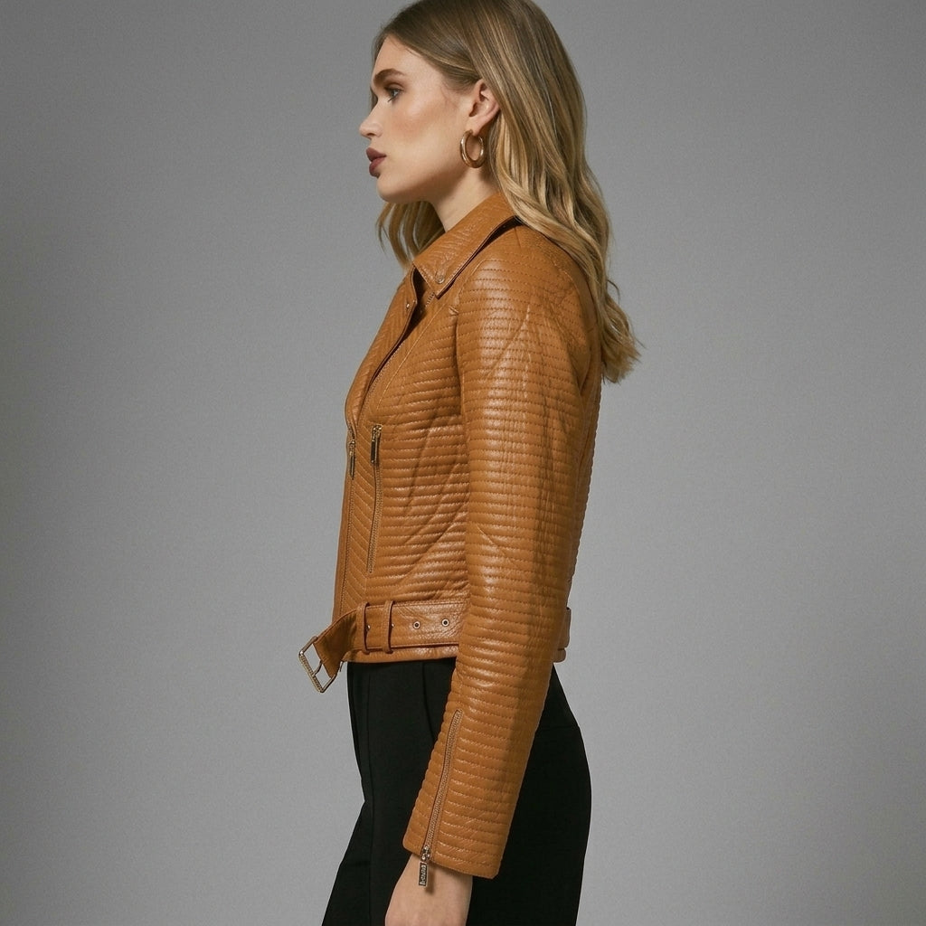 Women's Brown Belted Moto Leather Jacket