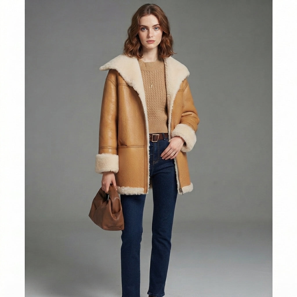 Women's Classic Camel Shearling Coat