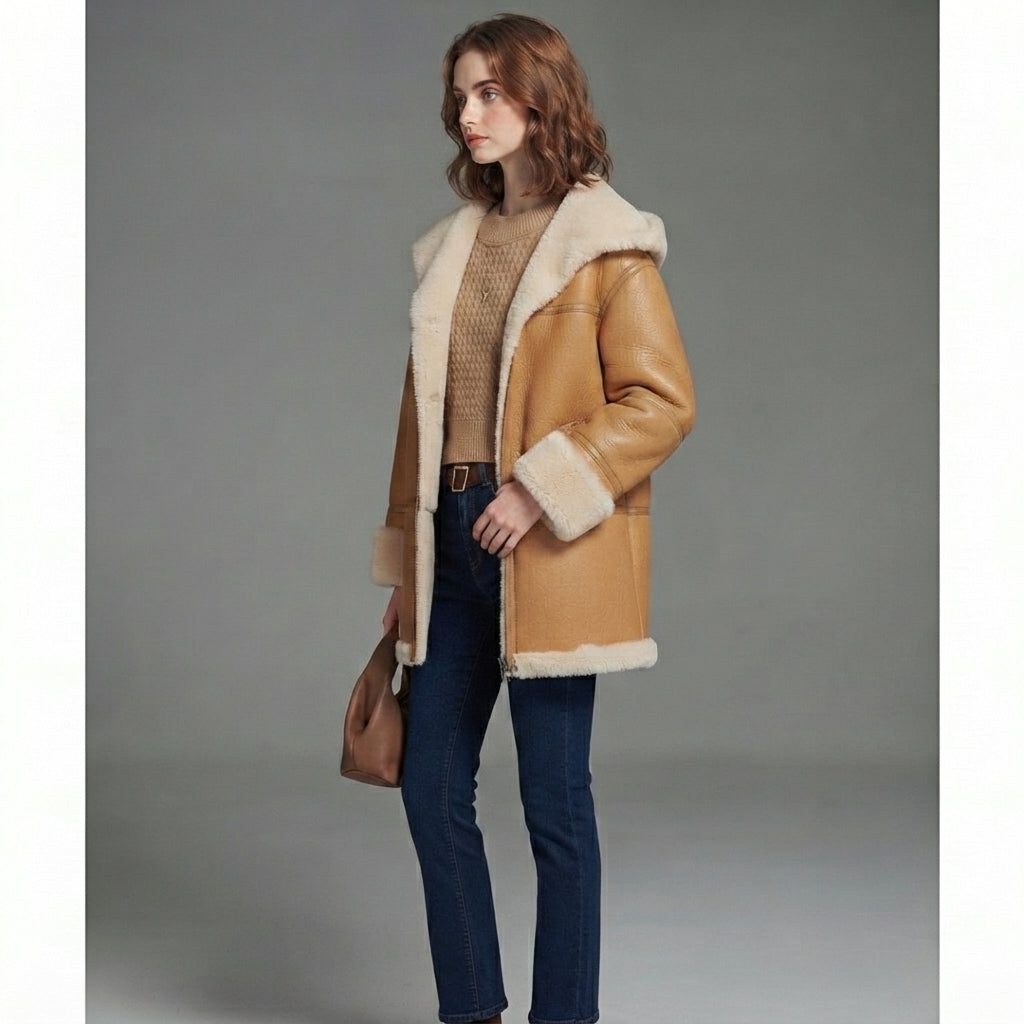 Women's Classic Camel Shearling Coat