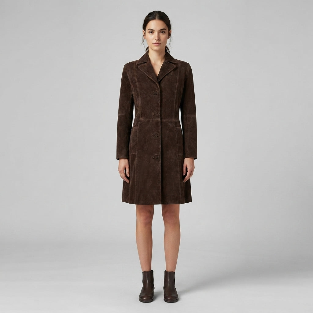 Women's Dark Brown Fitted Suede Trench Coat