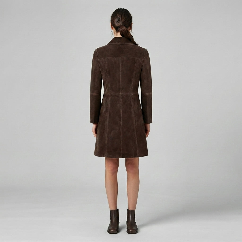 Women's Dark Brown Fitted Suede Trench Coat