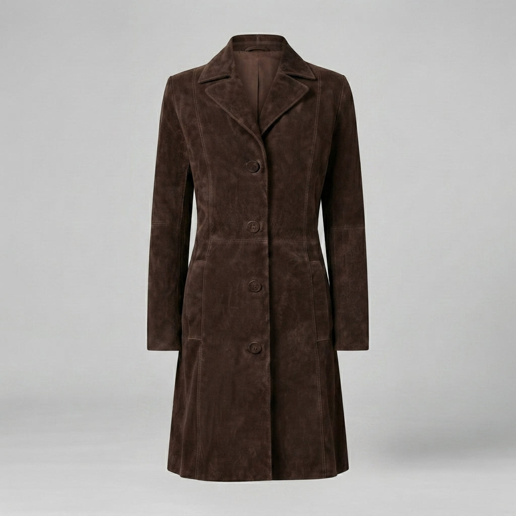 Women's Dark Brown Fitted Suede Trench Coat