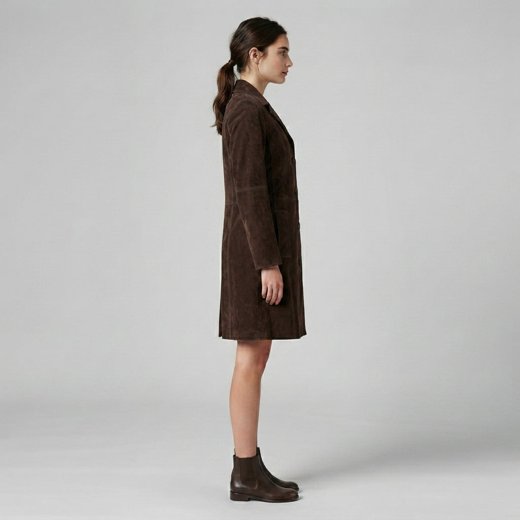 Women's Dark Brown Fitted Suede Trench Coat