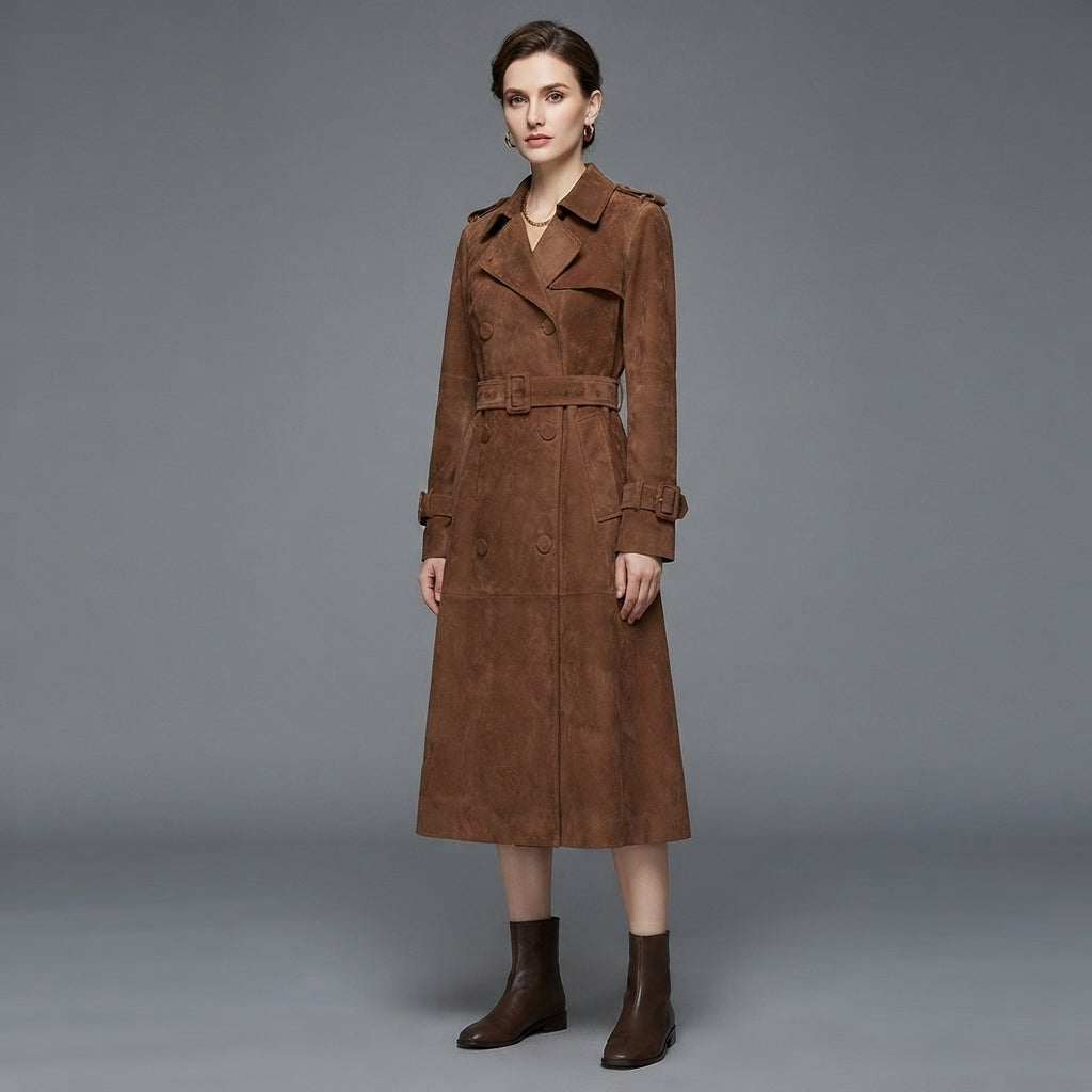 Women's Dark Tan Suede Duster Trench Coat