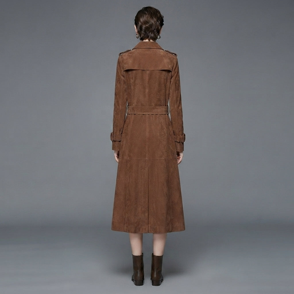 Women's Dark Tan Suede Duster Trench Coat