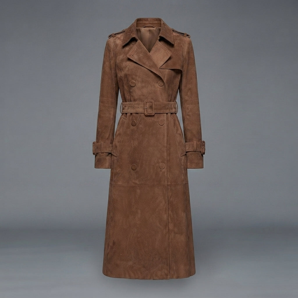 Women's Dark Tan Suede Duster Trench Coat