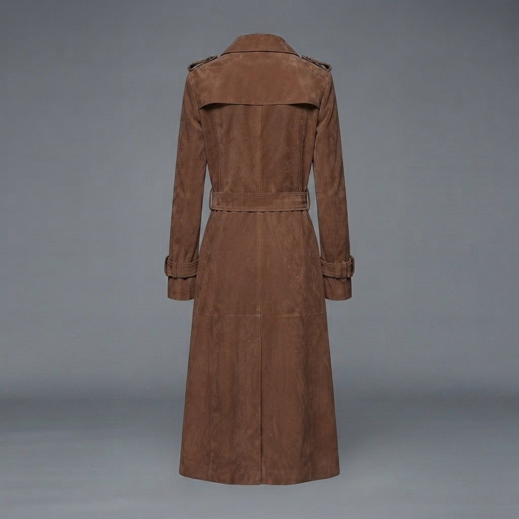 Women's Dark Tan Suede Duster Trench Coat