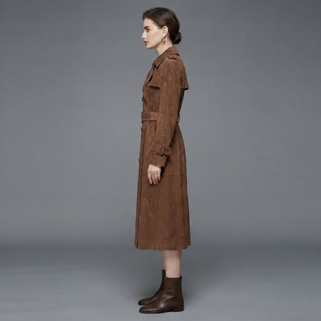Women's Dark Tan Suede Duster Trench Coat
