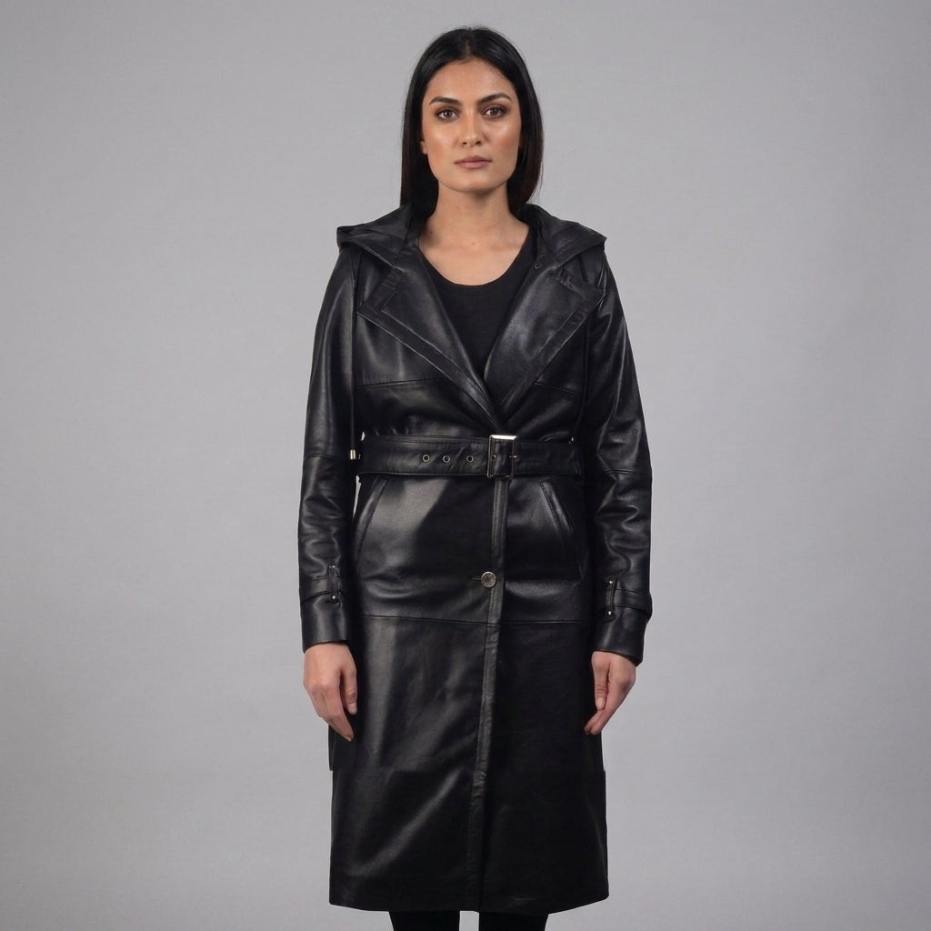 Women's Hooded Leather Trench Coat
