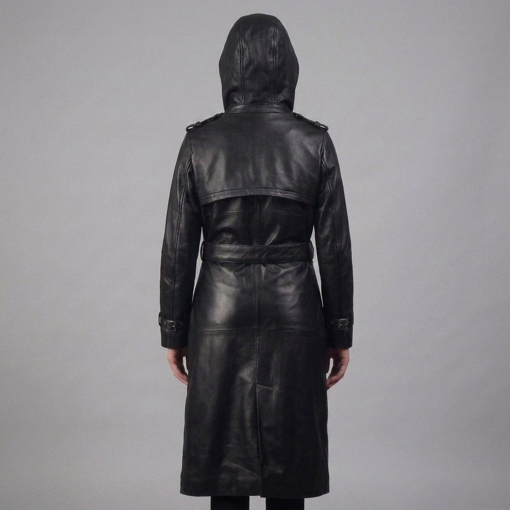 Women's Hooded Leather Trench Coat