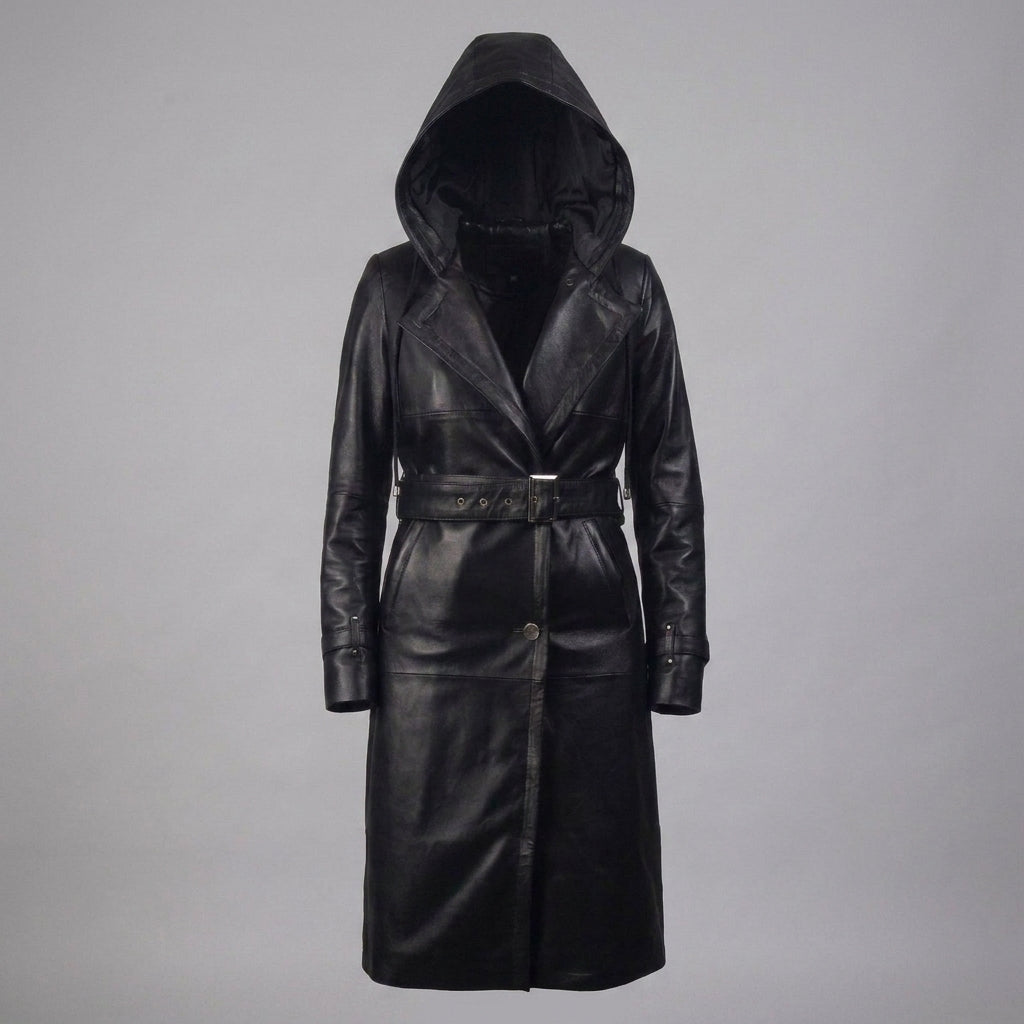 Women's Hooded Leather Trench Coat