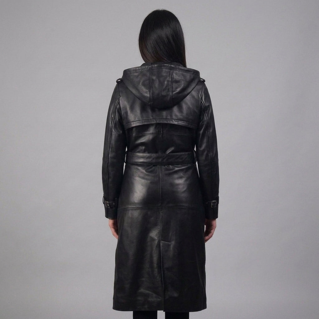 Women's Hooded Leather Trench Coat