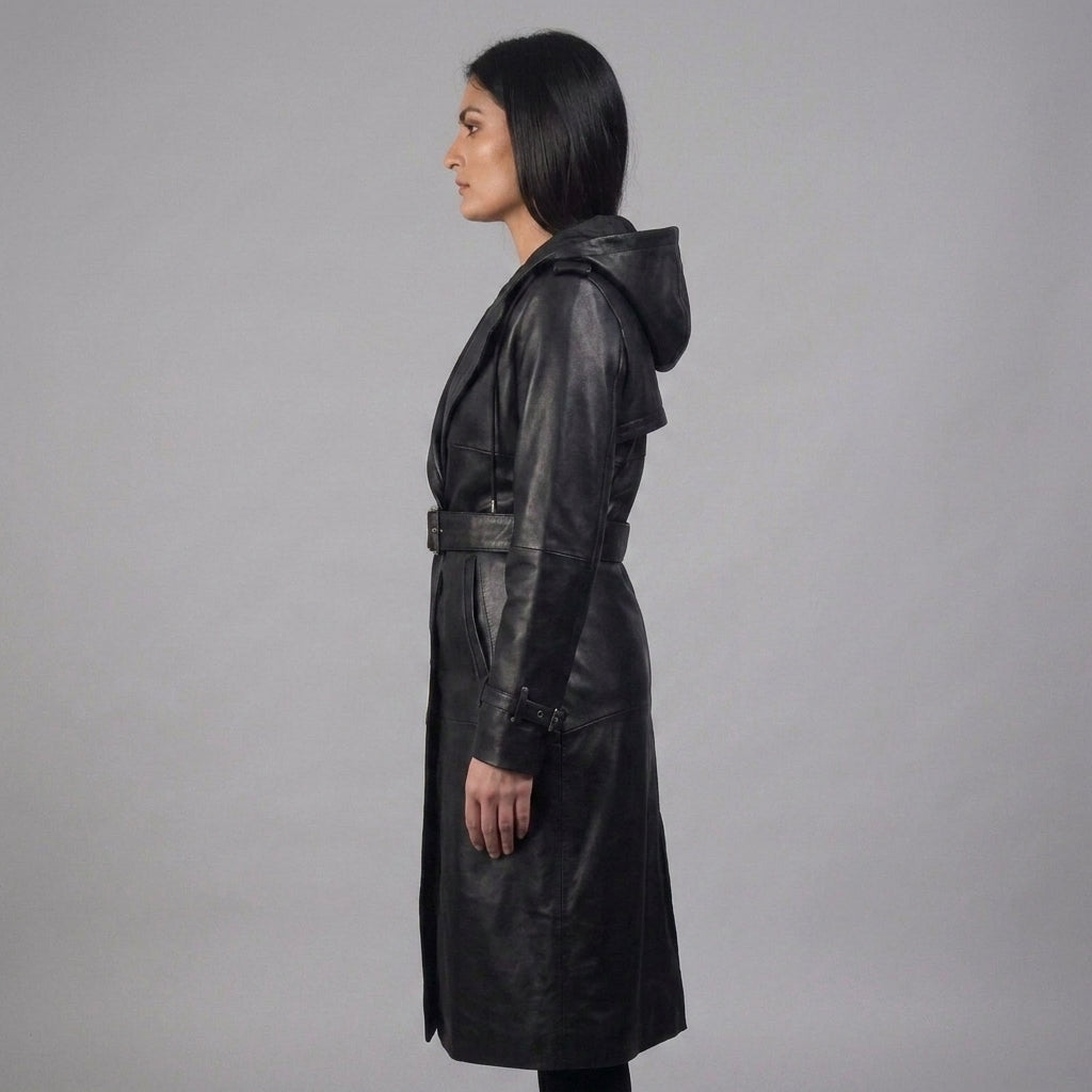 Women's Hooded Leather Trench Coat