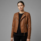 Women's Classic Tan Leather Biker Jacket