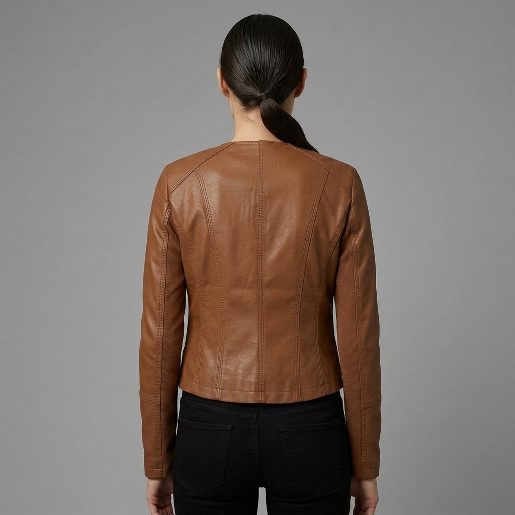 Women's Classic Tan Leather Biker Jacket