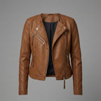 Women's Classic Tan Leather Biker Jacket