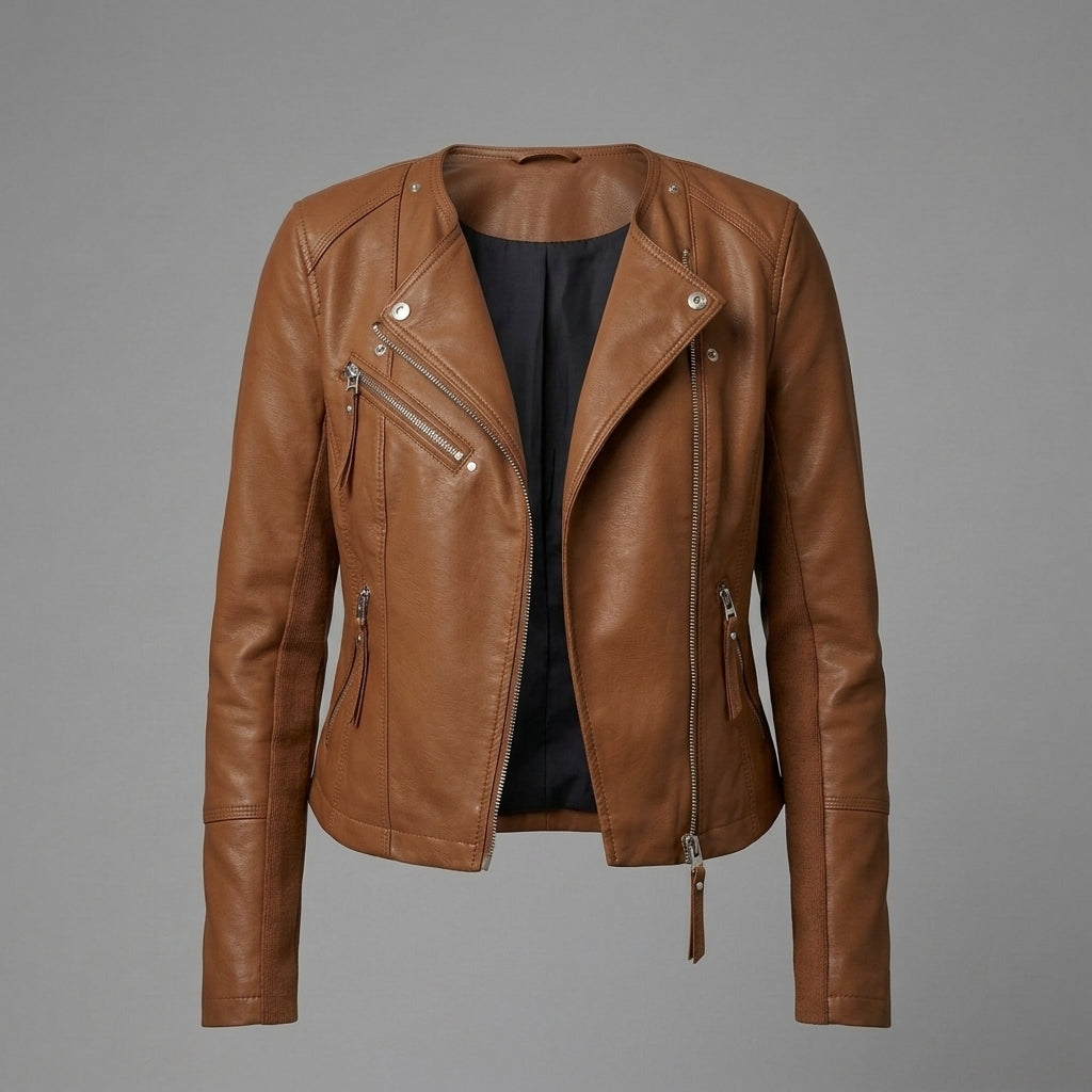 Women's Classic Tan Leather Biker Jacket