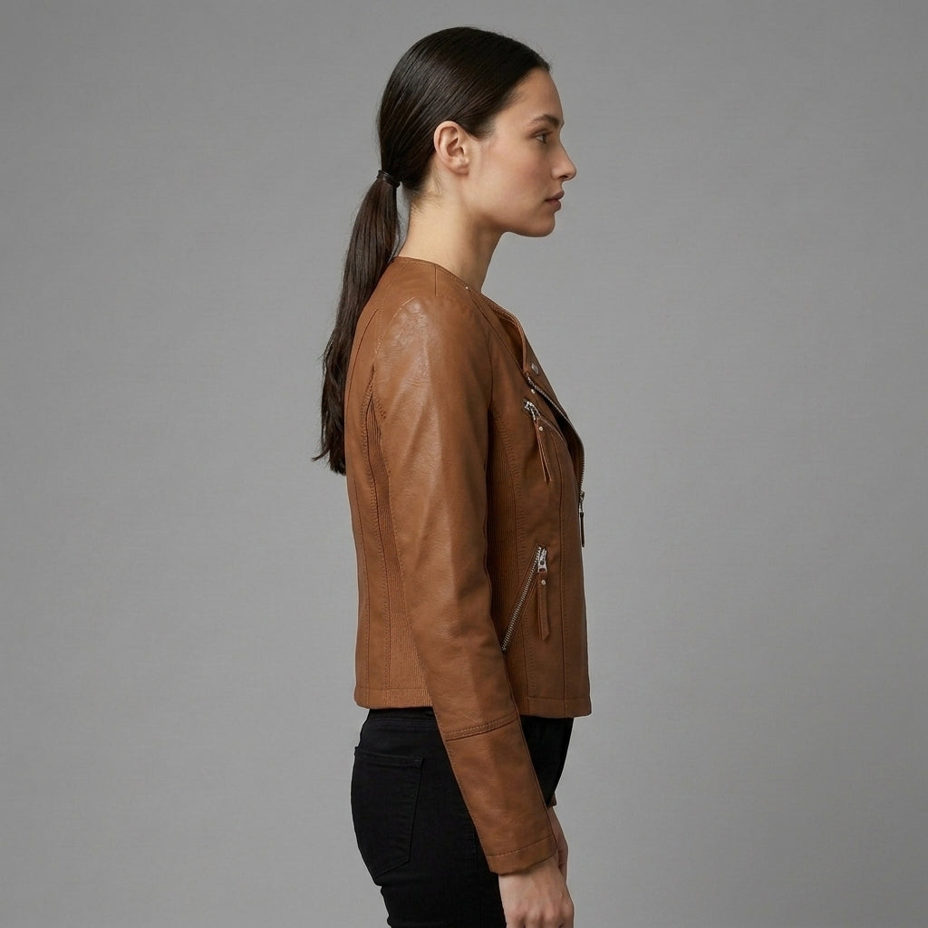 Women's Classic Tan Leather Biker Jacket