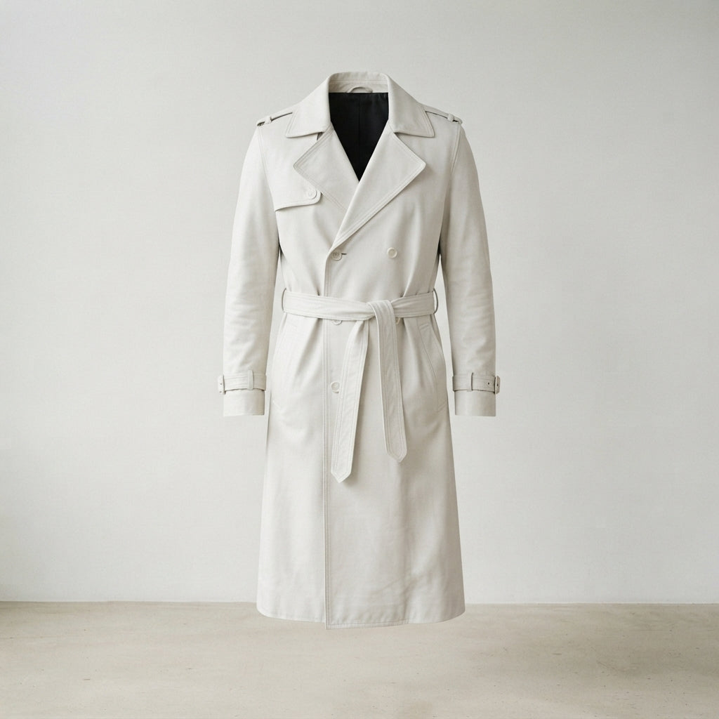 Men's Beige Leather Double-Breasted Trench Coat
