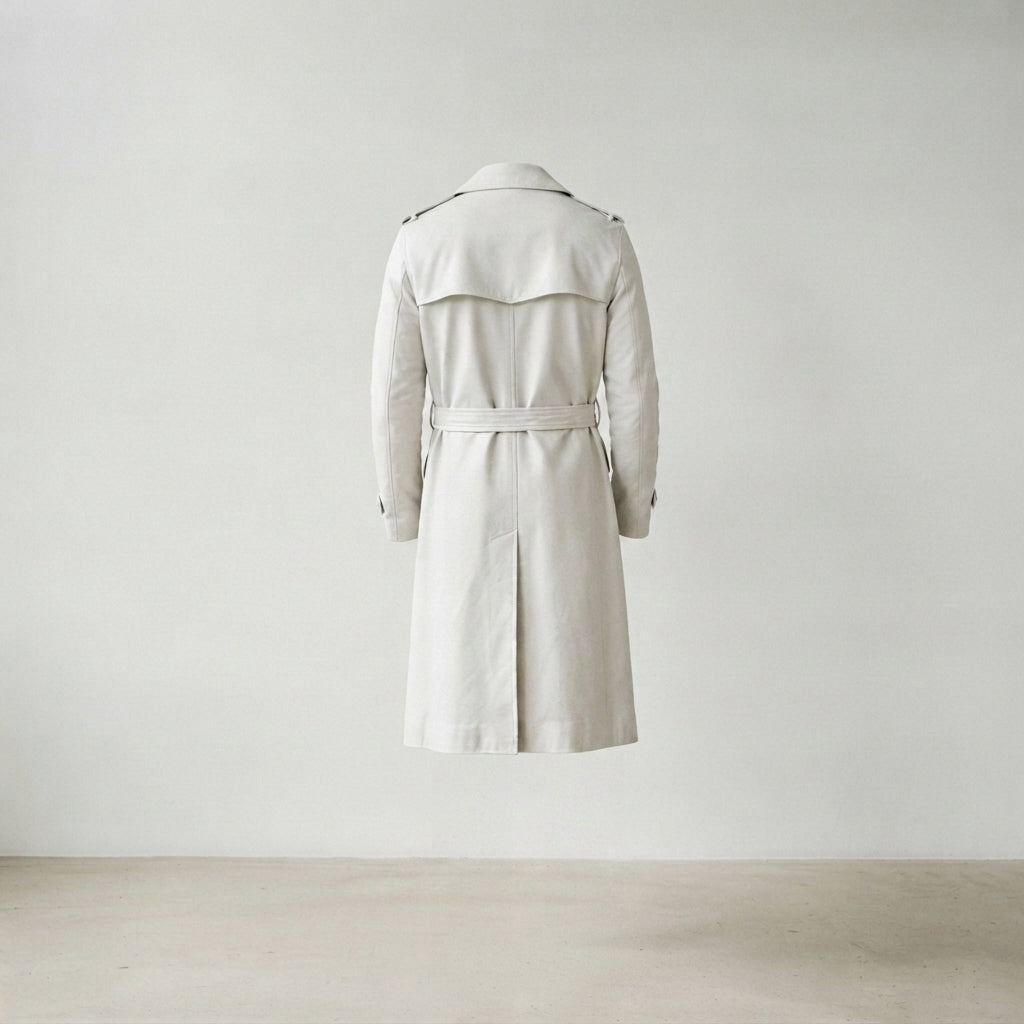 Men's Beige Leather Double-Breasted Trench Coat