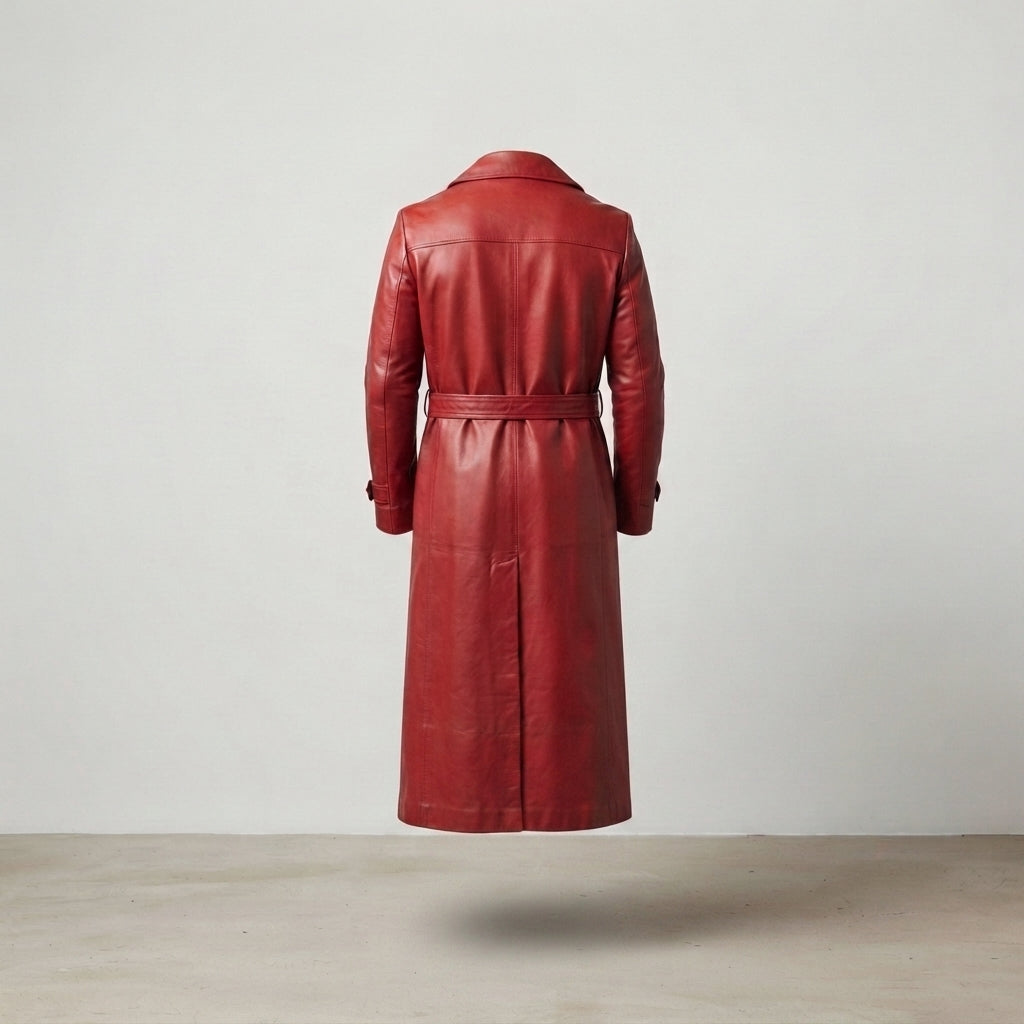 Men's Red Belted Leather Coat