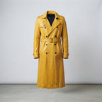 Men's Yellow Leather Double-Breasted Belted Trench Coat