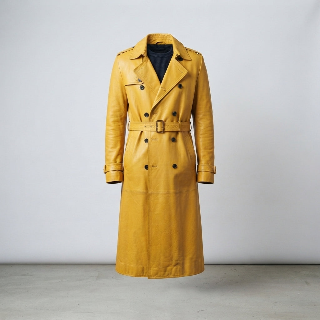 Men's Yellow Leather Double-Breasted Belted Trench Coat