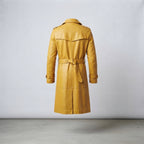 Men's Yellow Leather Double-Breasted Belted Trench Coat