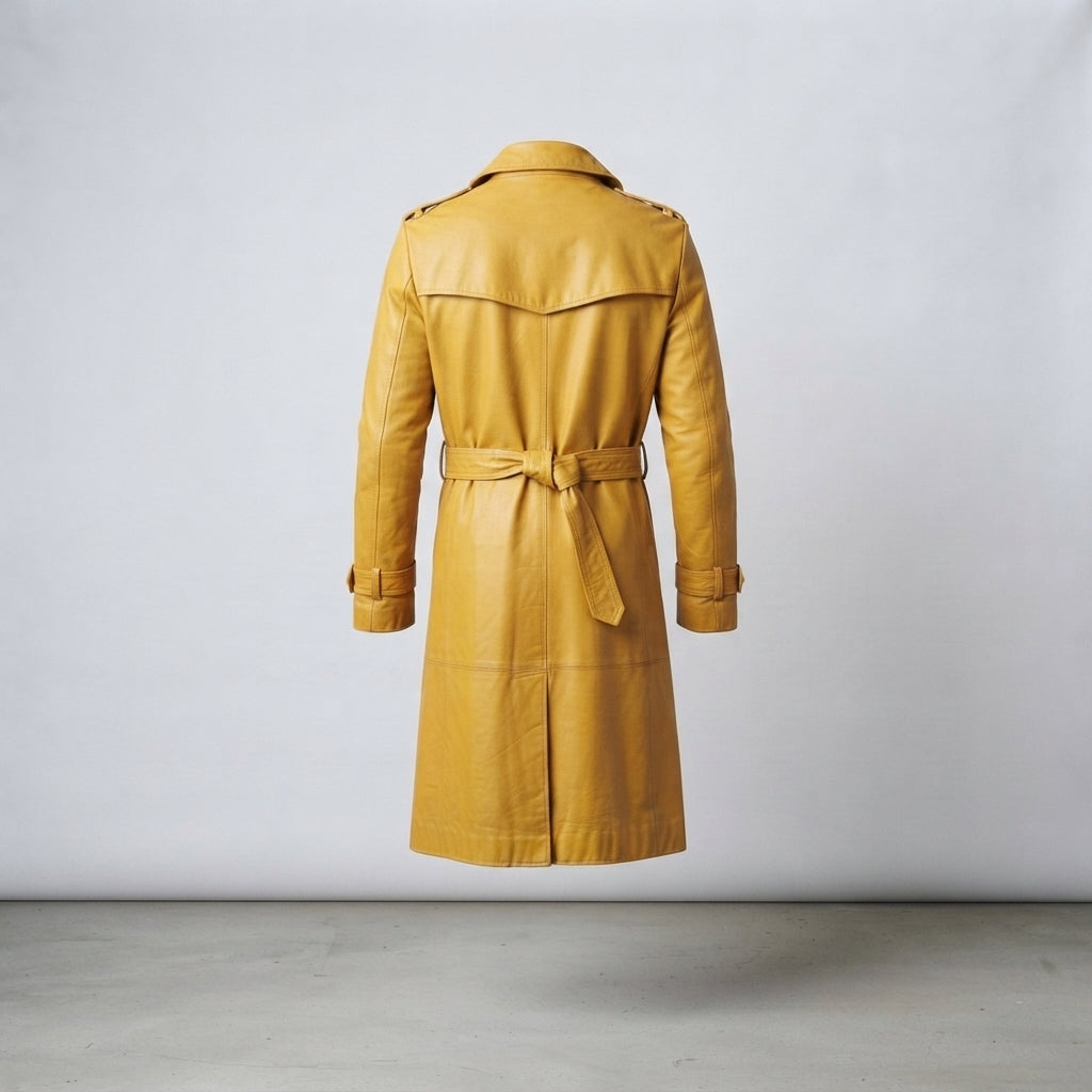 Men's Yellow Leather Double-Breasted Belted Trench Coat