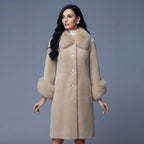 Women's Cream Shearling Coat with Fur Collar & Cuffs