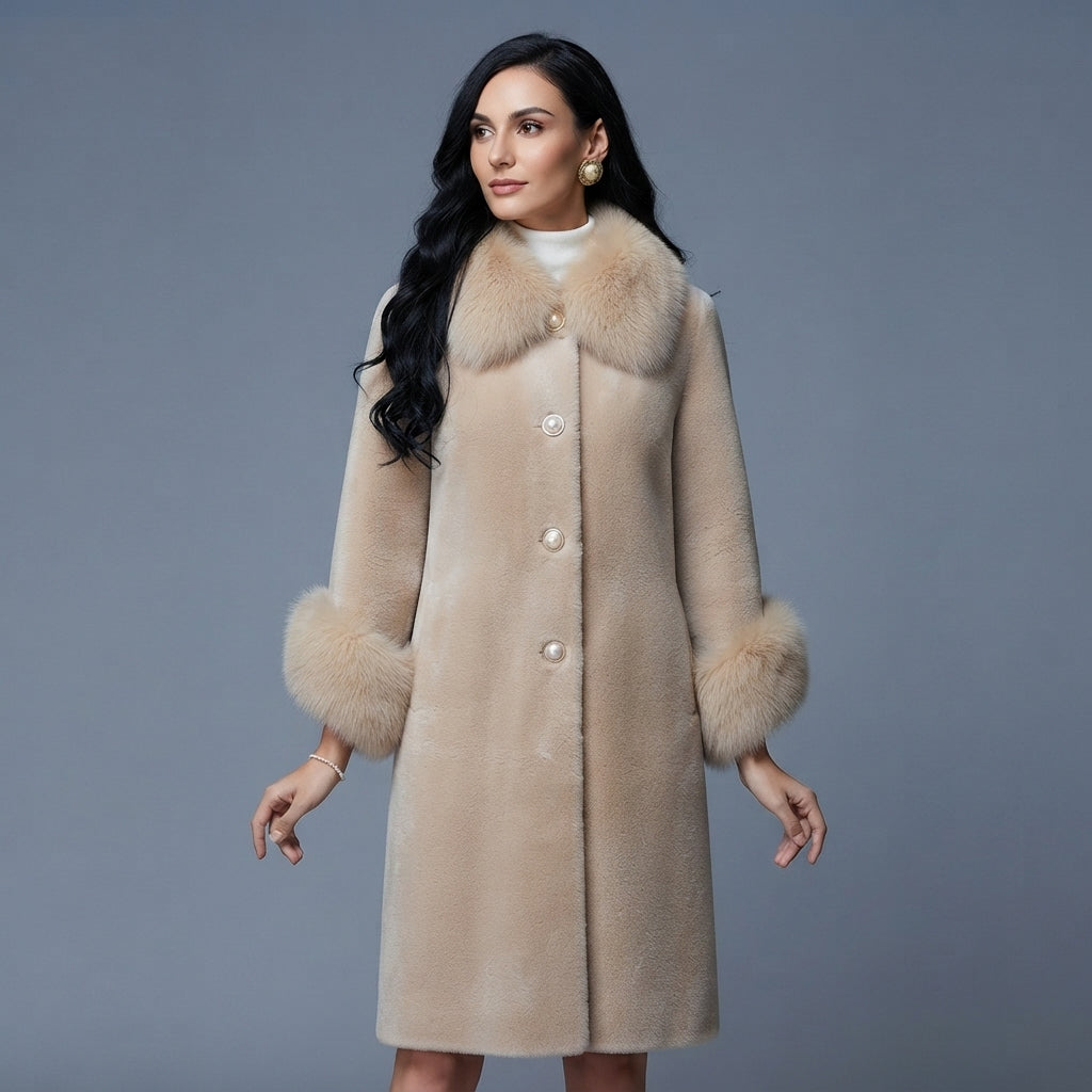 Women's Cream Shearling Coat with Fur Collar & Cuffs