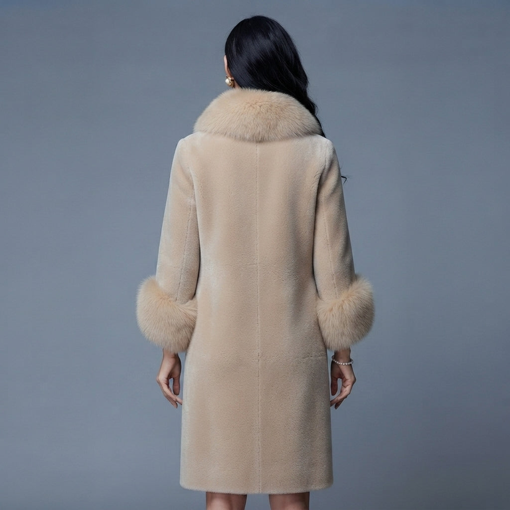 Women's Cream Shearling Coat with Fur Collar & Cuffs