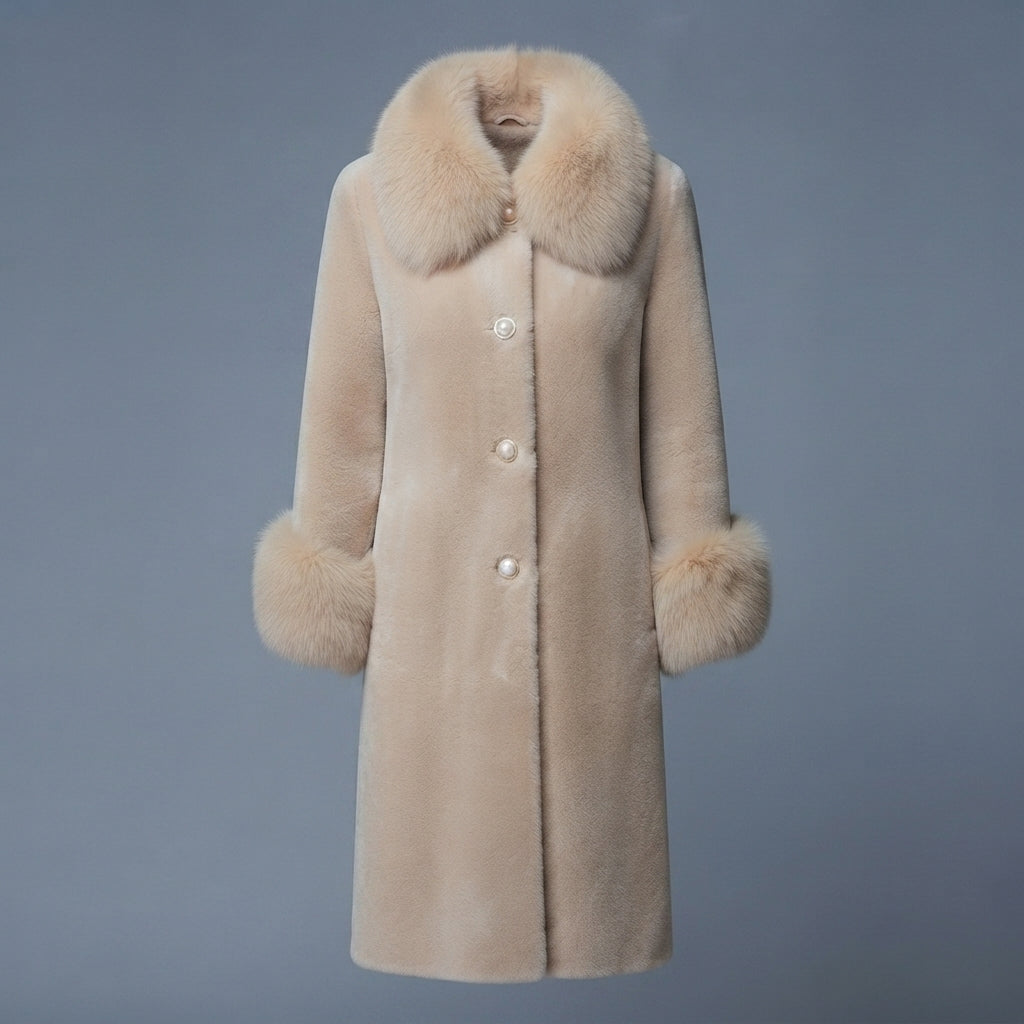 Women's Cream Shearling Coat with Fur Collar & Cuffs