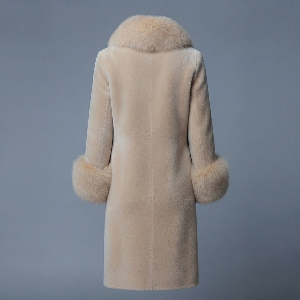 Women's Cream Shearling Coat with Fur Collar & Cuffs