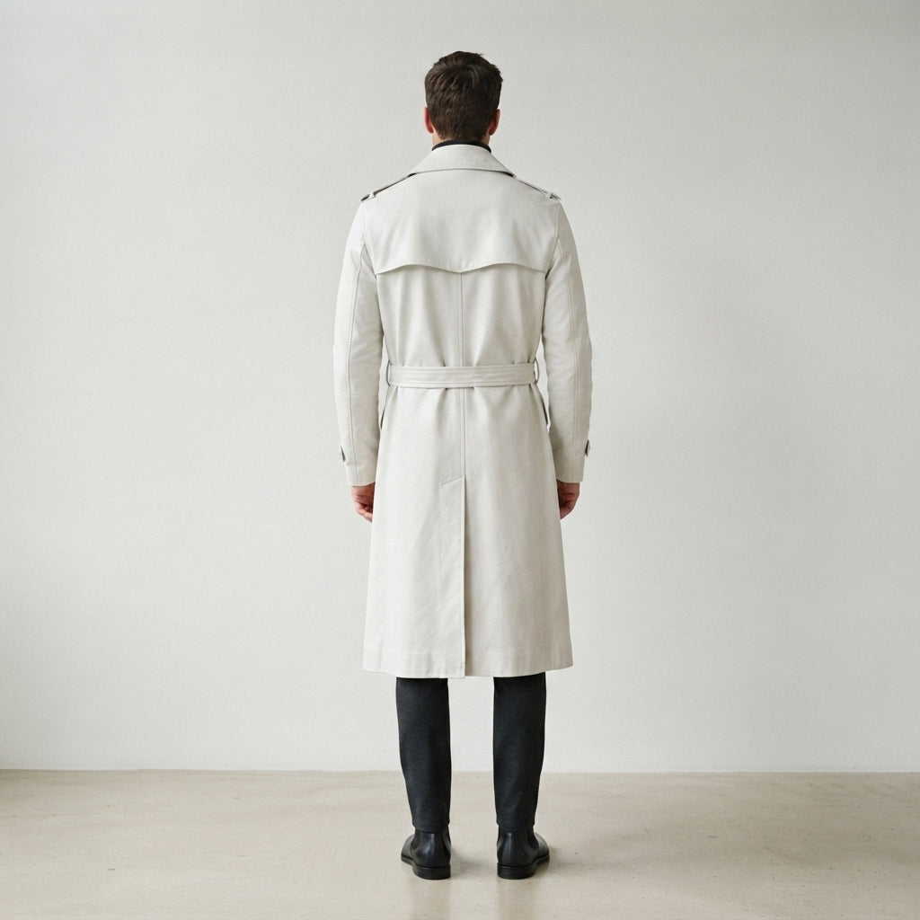 Men's Beige Leather Double-Breasted Trench Coat