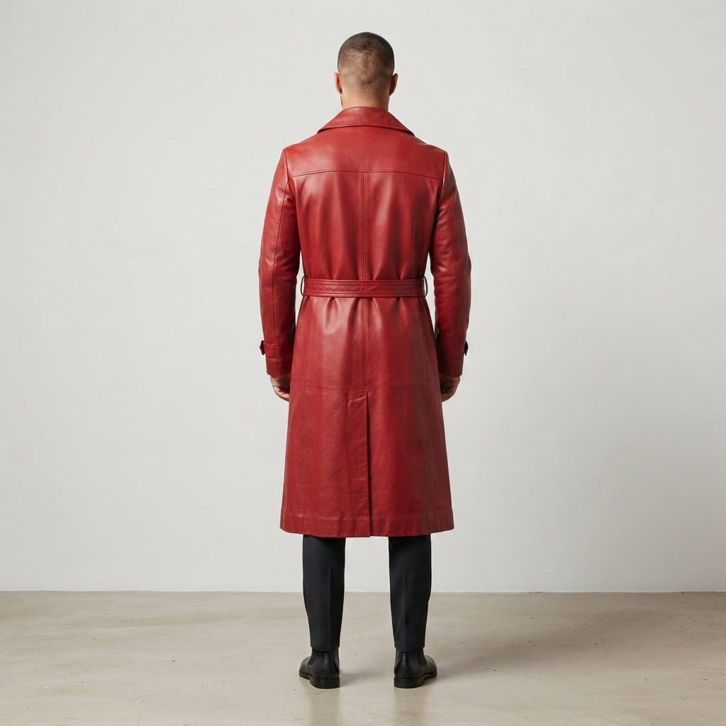Men's Red Belted Leather Coat