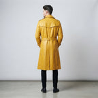 Men's Yellow Leather Double-Breasted Belted Trench Coat